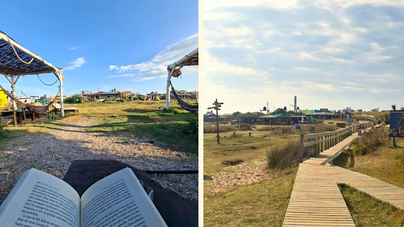 Dues imatges de Cabo Polonio. En la primera apareix un llibre en primer pla i el paisatge de casetes al darrere. En la segona s'hi observa el camí d'entrada al poble.