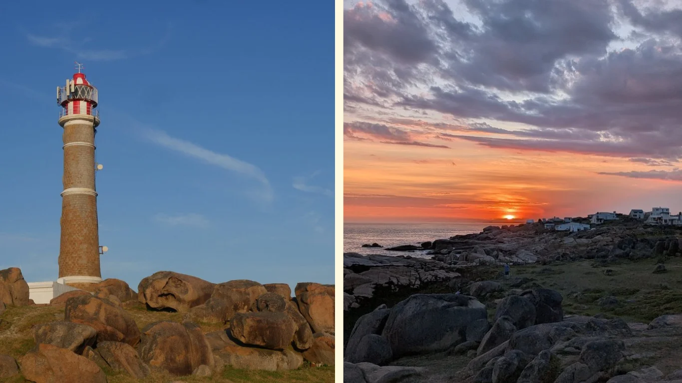 Dues fotos de Cabo Polonio. En la primera s'hi veu el far, de color blanc i vermell, amb el cel blau de fons. A la segona s'aprecia una posta de sol on hi predominen els tons vermellosos.