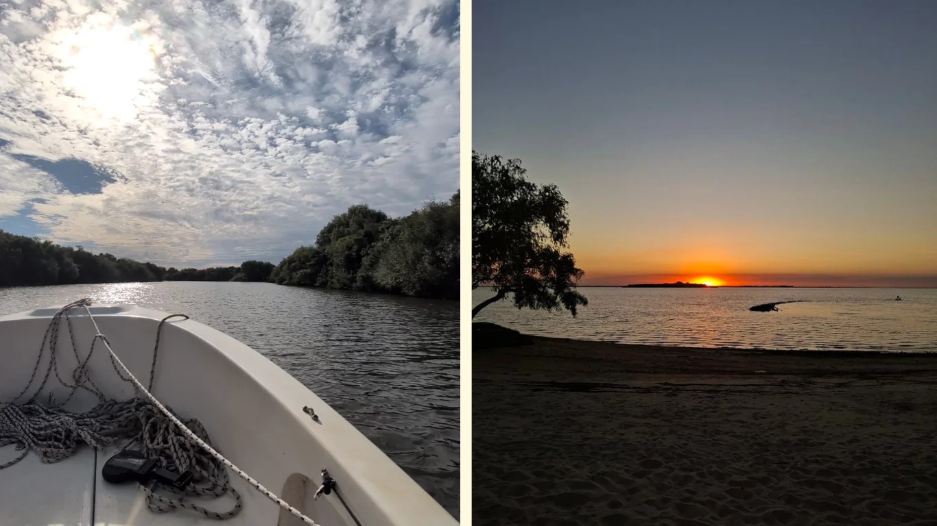 Dues imatges: una d'una barca sobre l'arroyo de las vacas de Carmelo i l'altra de la posta de sol sobre el Rio de la Plata.