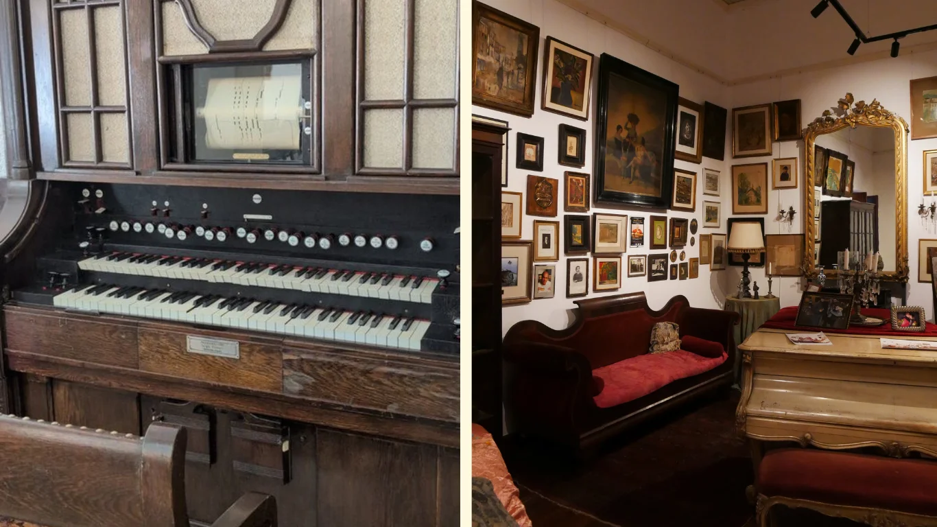 Dues imatges: la primera és d'un armonio i la segona d'una estança ambientada en el segle XX.