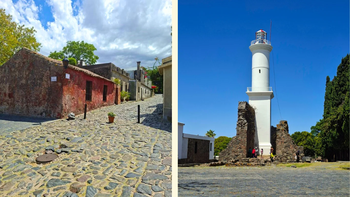 Dues imatges: la casa vermella del carrer dels suspirs de Colonia del Sacramento i el famós far sobre les ruines del convent.