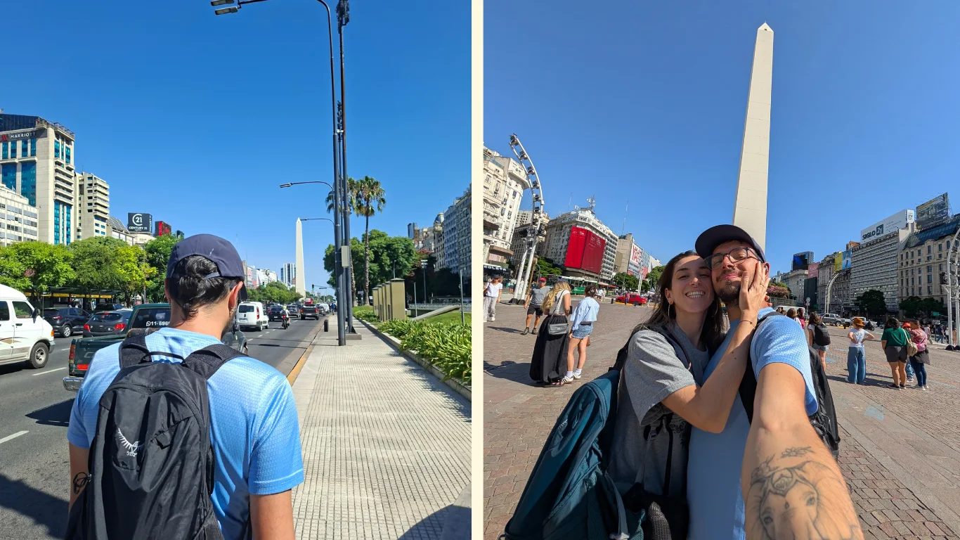 S'hi observen dues imatges. En la primera un noi camina d'esquenes, dirigint-se cap al gran obelisc de buenos aires. A la segona, una parella es fa un selfie en aquest mateix obelisc.