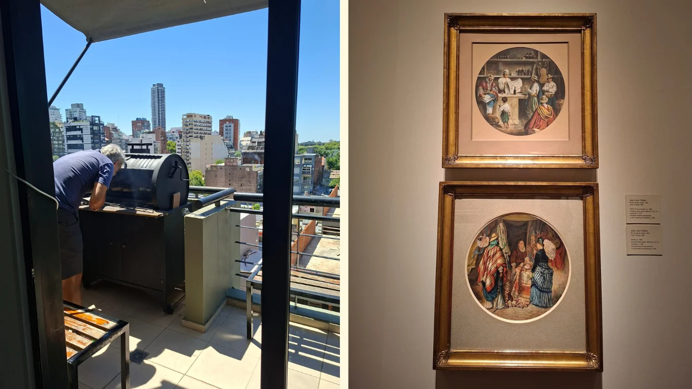 Dues imatges. La primera un home prepara un asado en un balcó de Buenos Aires. La segona conté dues obres d'un artista argentí, les quals es troben en el Museo Nacional de Bellas Artres de la capital argentina.