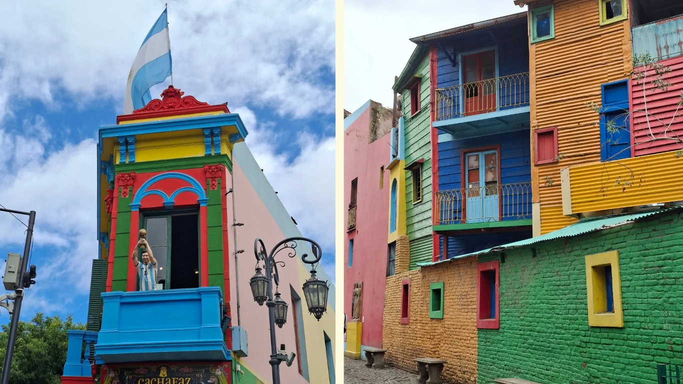 Les dues imatges pertanyen al barri de Boca, situat a la capital argentina. Ambdues mostren arquitectura de xapa pintada amb colors molt vius.