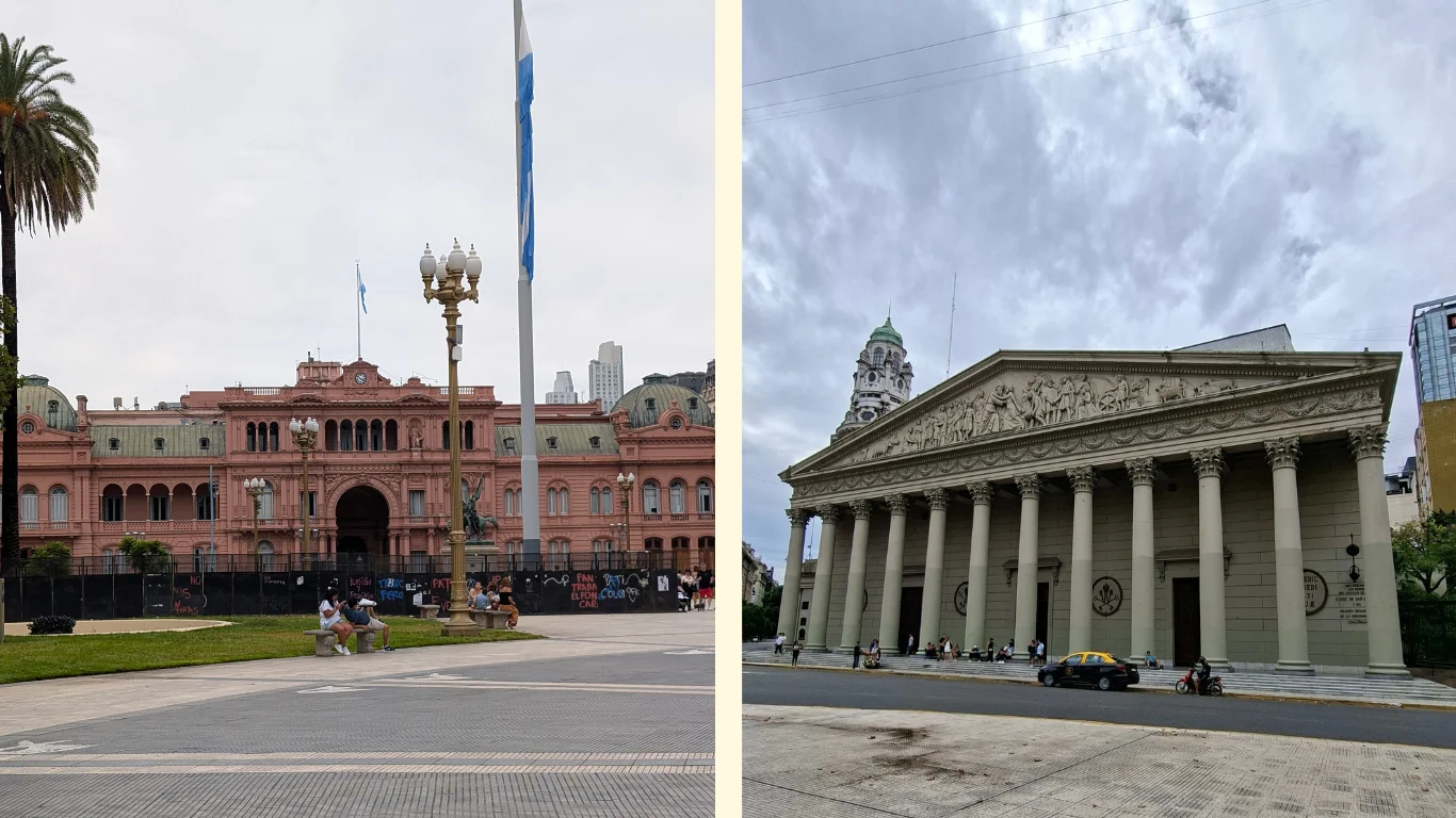 Les imatges mostren dos edificis de la Plaza de Mayo de Buenos Aires. La primera ensenya la Casa Rosada, el palau presidencial de color rosa. La segona, la catedral d'estil neoclàssic.