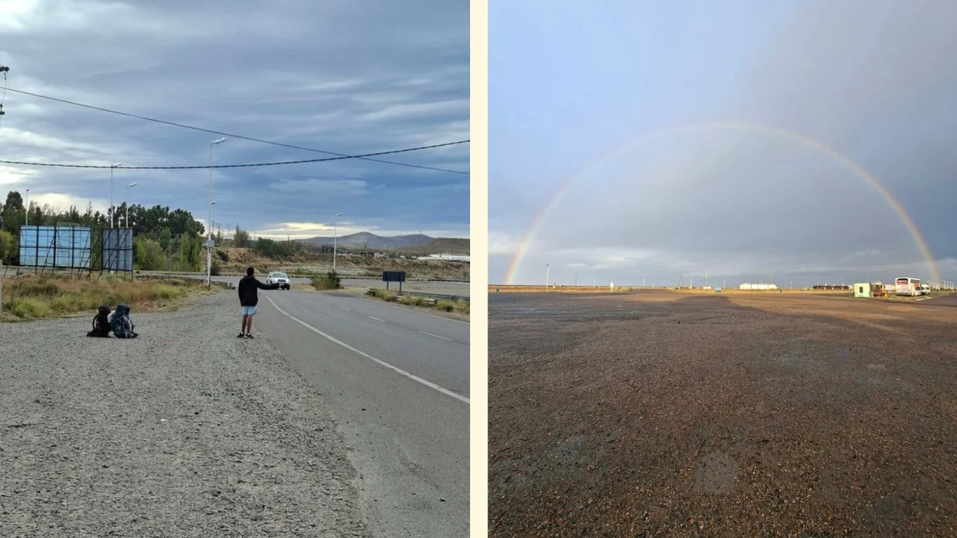 Dues imatges: en la de l'esquerra es veu una carretera amb un noi d'esquenes treient la mà per fer autoestop. A la de la dreta, es veu un paisatge amb un arcs de sant martí.