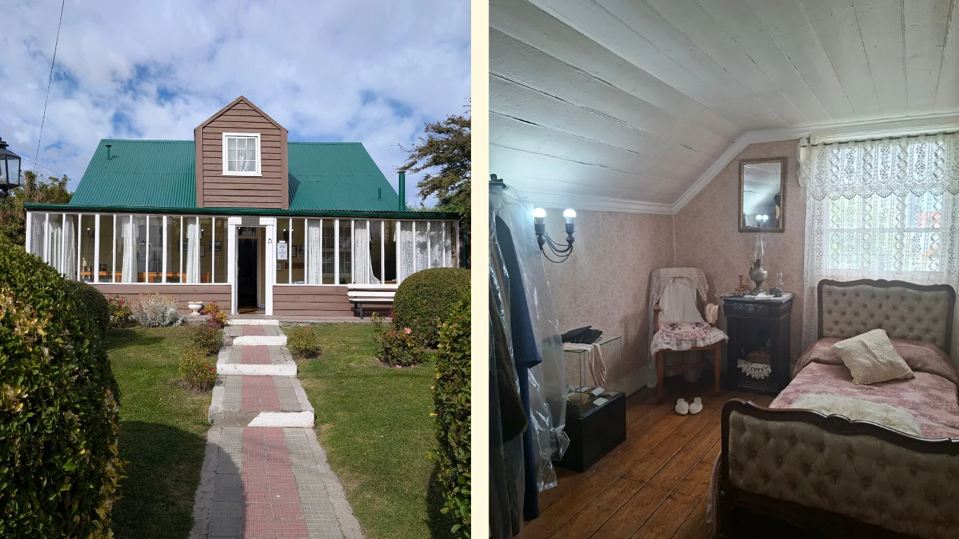 dues imatges: en la primera es veu la casa construida a finals del segle XIX, en la segona, una de les seves habitacions amb els mobles originals.