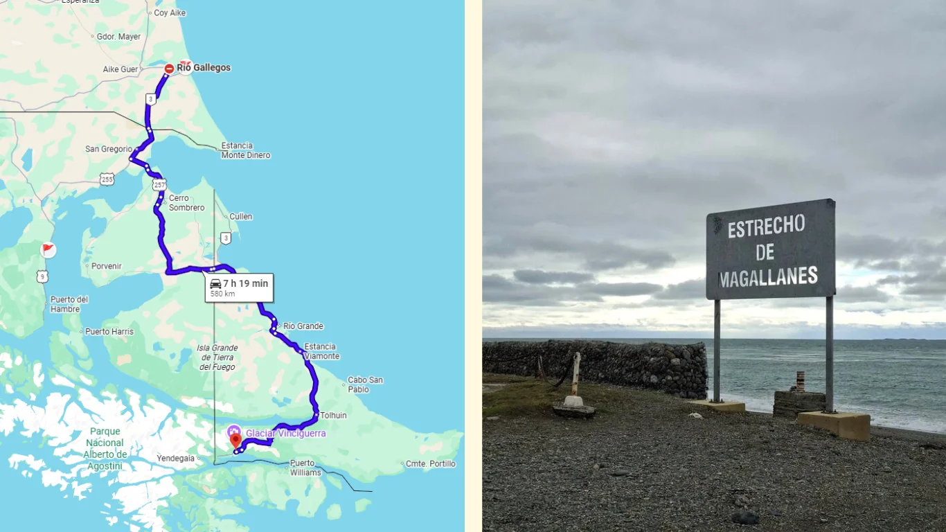 Dues imatges: en la primera es veu el mapa del recorregut entre Rio Gallegos i Ushuaia. La segona mostra el cartell de l'estret de Magallanes