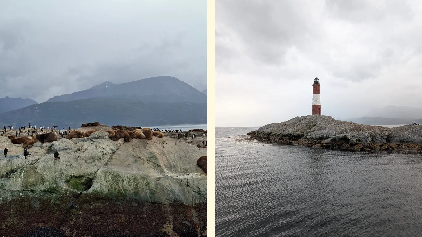 Dues imatges: en la primera es veu una illa en mig del canal Beagle plena de lleons marins. En la segona, una altra illa del mateix canal amb un far.