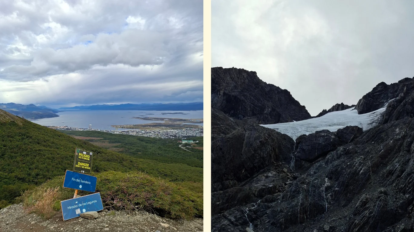 Dues imatges: en la primera es veu una panoràmica de la ciutat d'Ushuaia. A la segona, el Glacial Martial.