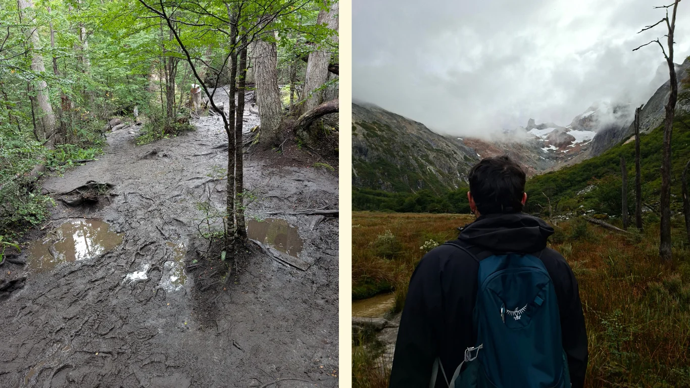Dues imatges: la primera mostra el terra enfangat de la senda cap a la Laguna Esmeralda. La segona, un noi camina i al fons es veu la muntanya.