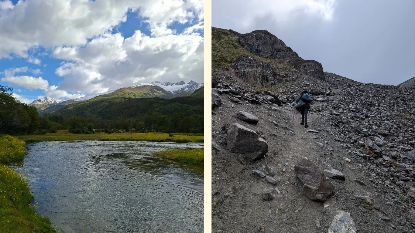 La primera imatge mostra una vall amb un riu que creua. La segona una pujada de roca, on una noia està pujant.