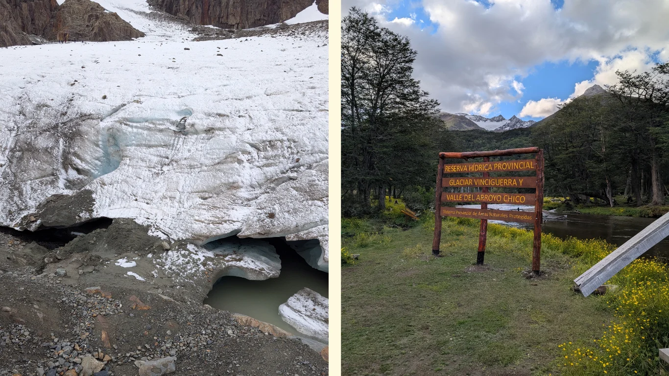 En la primera imatge s'observa les entrades del Glacial Vinciguerra. En la segona, el cartell que anúncia el nom del parc on es troba la senda.