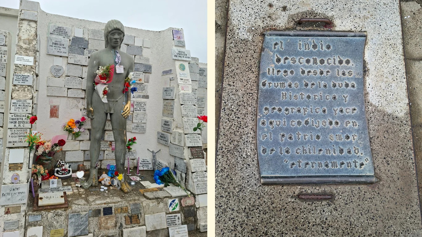 Dues imatges: en la primera es veu l'escultura de l'indiecito desconocido i en la segona es veu el cartell explicatiu de que es troba allí enterrat.