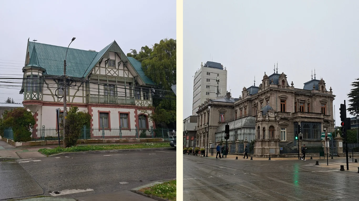Dues imatges: en la primera es veu una casa del centre de la ciutat, d'arquitectura estil nòrdica. La segona mostra el Palau de la Sara Braun, d'estil neoclàssic francès.