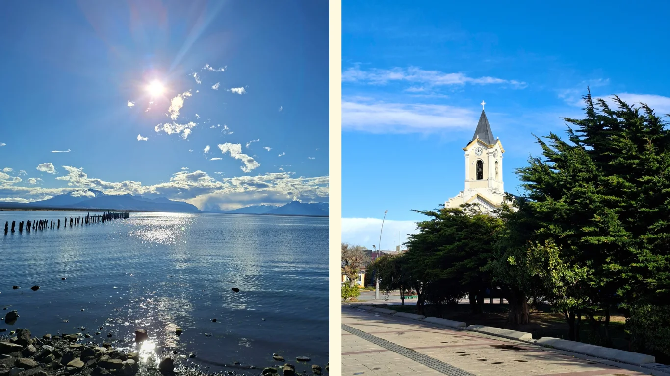 Dues imatges, en la primera es veu un llac, i en la segona l'església del poble de Puerto Natales.