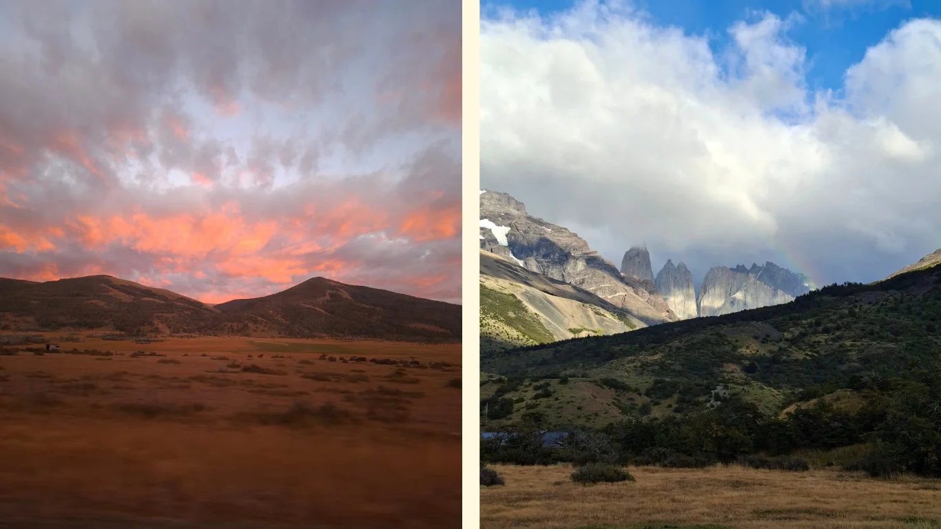 En la primera imatge s'observa un paisatge muntanyós durant l'alba, on hi predominen els tons vermellosos. En la segona es veuen les muntanyes de torres del paine i mig arc de sant martí.