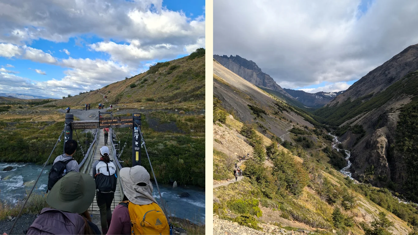 La primera imatge mostra una cua de gent passant per un pont per seguir el camí de muntanya. La segona imatge mostra una vall dins el parc, per la qual hi corre un riu, és l'anomenat 