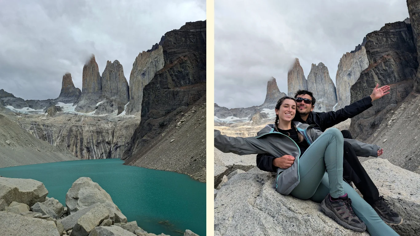 Dues imatges on es mostra la base de les torres de les muntanyes, en la segona apareix una parella posant per la foto.