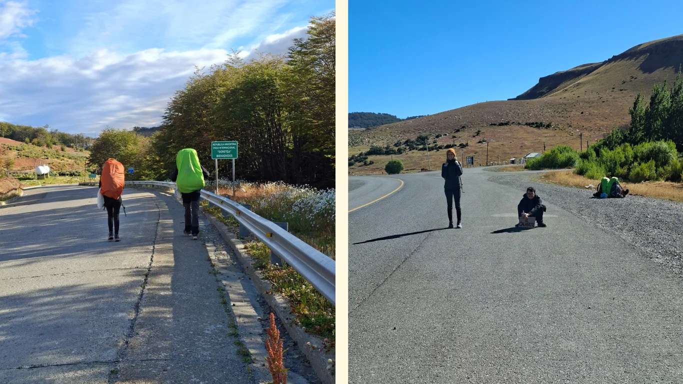 Dues imatges: en la primera dues persones amb una motxilla enorme caminen per una carretera. En la segona, aquestes dues persones estan esperant fent autoestop.
