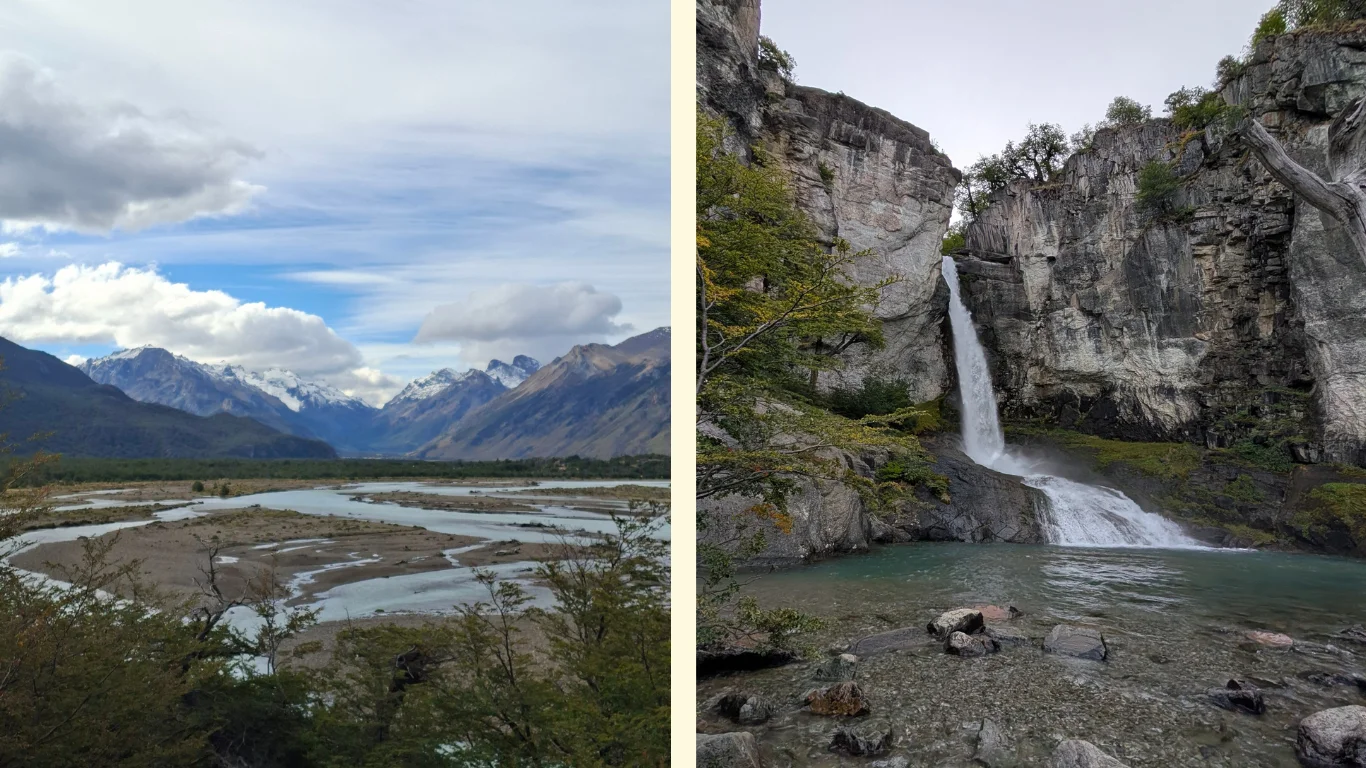 La primera imatge mostra una vall on hi corre un riu. La segona mostra una cascada.