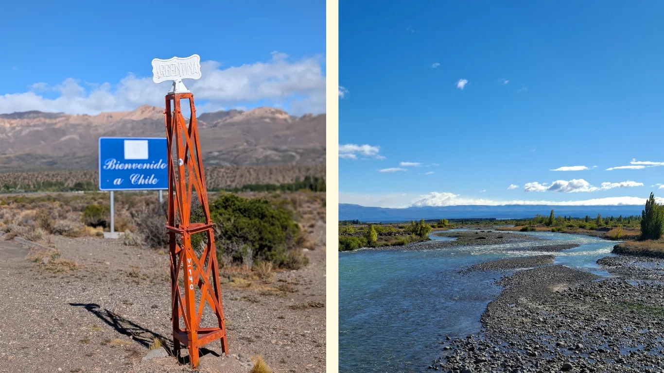 Dues imatges de la frontera. En la primera es veu la benvinguda a Chile, a la segona el paisatge, dibuixat per molt de verd i un riu.