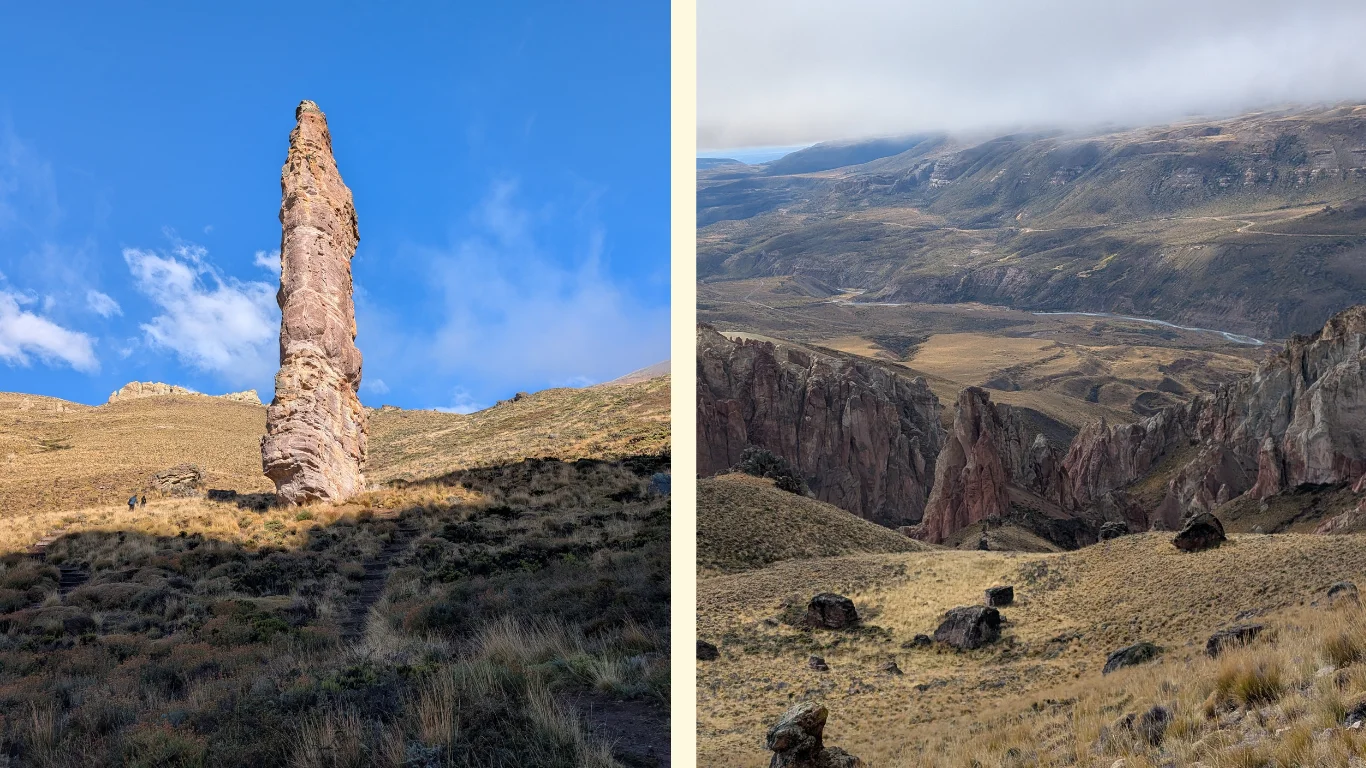 Dues imatges: la pedra tallada i el paisatge verd del parc.