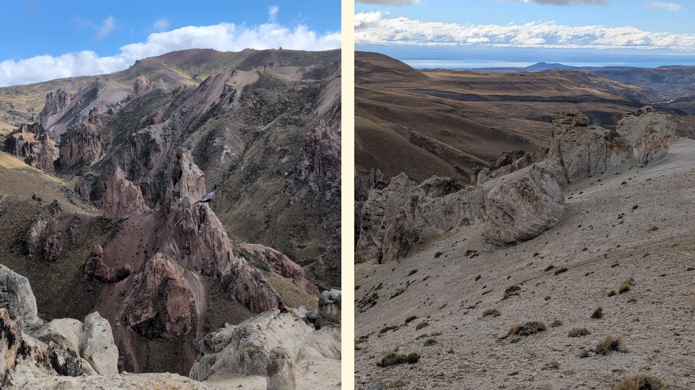 Dues imatges del valle lunar del parc de la Patagonia. En la primera es veu des de dalt i en la segona en el lloc.