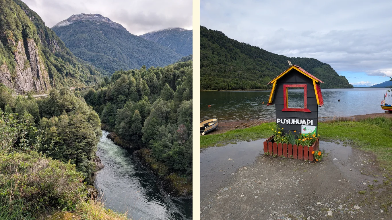 Dues imatges: la primera és del paiosatge verd de la Carretera Austral i la segona és d0'un cartell de Puhuyuapi.