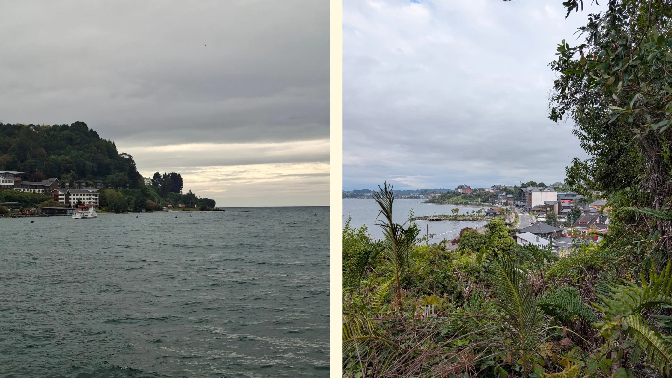 En la imatge s’hi observen dues fotografies. A la de l’esquerra es veu el paisatge de Puerto Varas. Un turó acaba sobre el llac Llanquihue. A la de la dreta, el mateix paisatge des d’un mirador. Destaca la vegetació típica de llocs molt humits. Al fons, algunes cases d’estil alemany.
