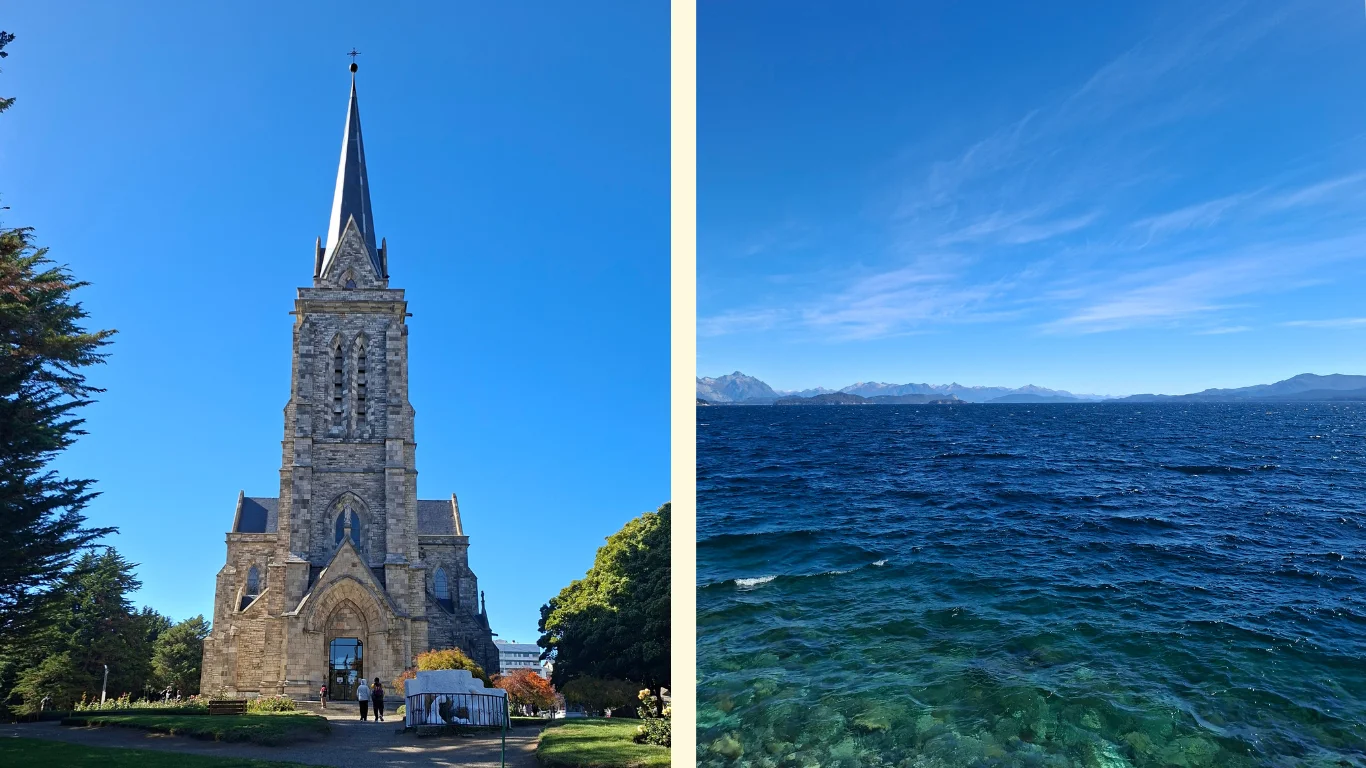 En la imatge s’hi observen dues fotografies. A la de l’esquerra es veu la catedral de Bariloche, una estructura vertical, d’influència anglosaxona, d’estil neogòtic. A la dreta, el llac amb les muntanyes al fons.