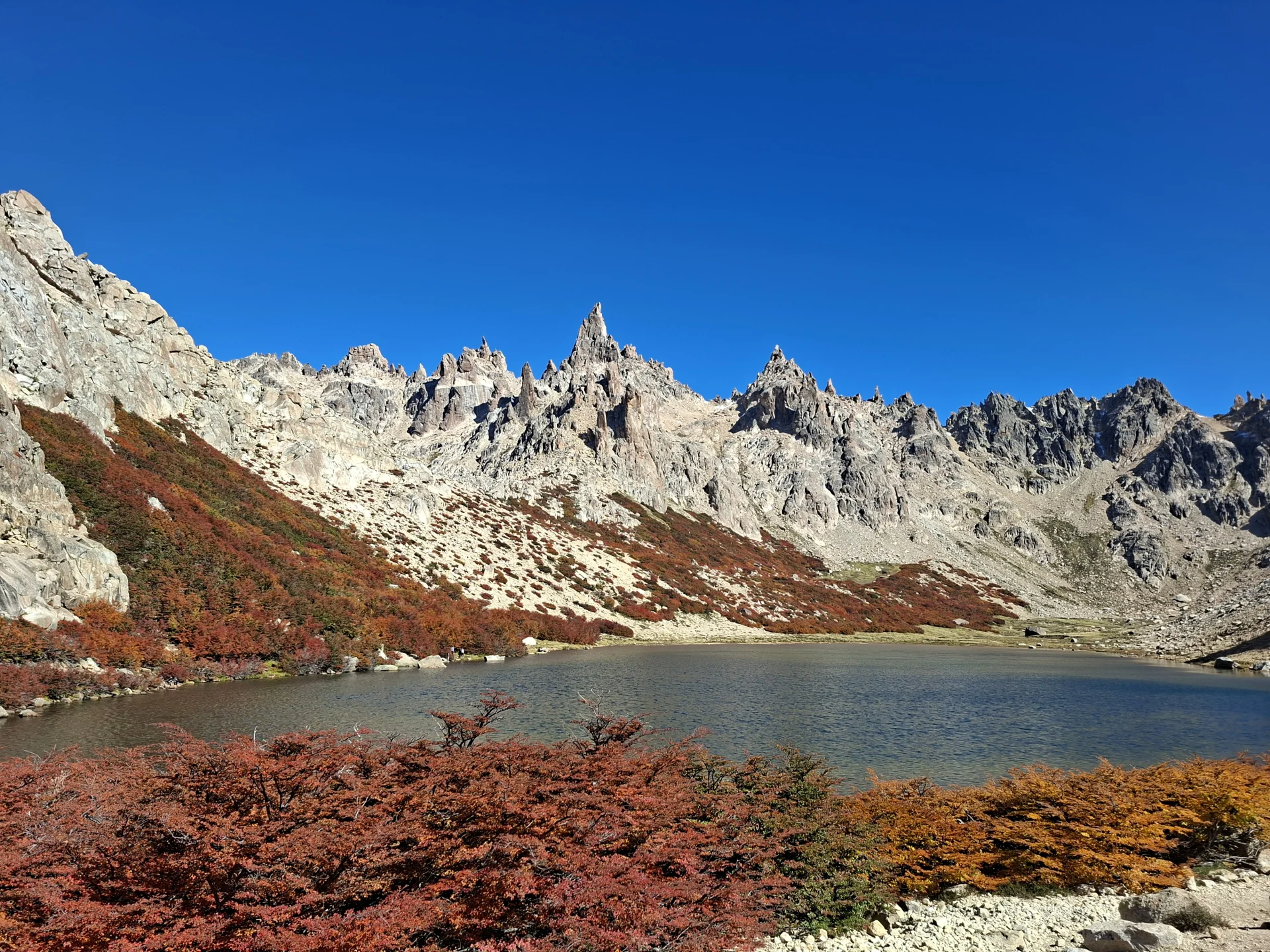 En la imatge s’hi observa el paisatge que rodeja el refugi Frey. Hi ha una llacuna, i el paisatge és molt similar al de la fotografia anterior: cims rocosos, arbres vermells, taronges i verds.