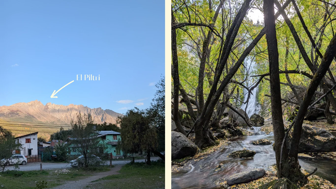 En la imatge s’hi observen dues fotografies. A la primera es veu el paisatge de El Bolsón, unes casetes en primer pla i al fons la muntanya. A la segona la cascada amagada entre molts arbres.