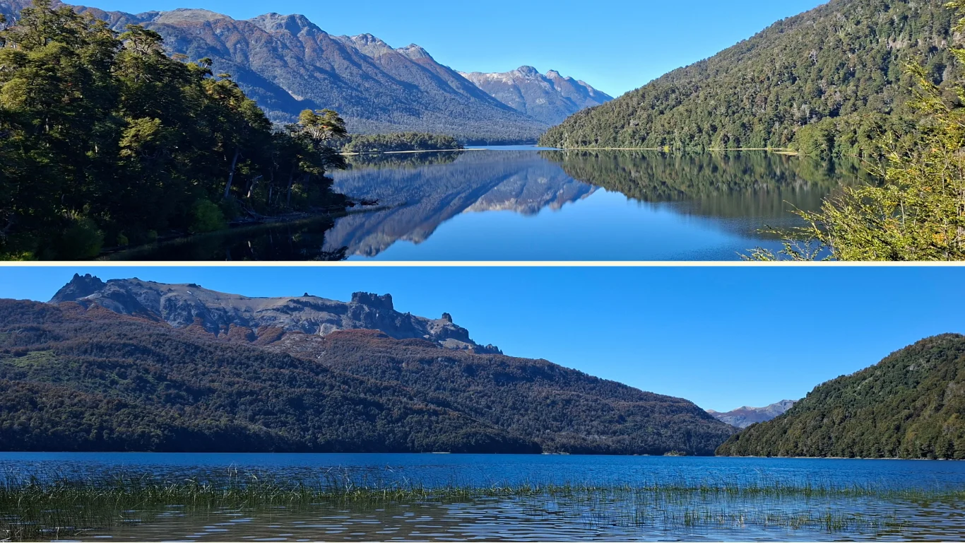 Dues imatges situades horitzontalment. La primera, la de dalt, presenta un llac que sembla un mirall, on es reflecteixen les muntanyes. A la de sota, s’observa un paisatge molt similar, però l’aigua no crea aquest efecte mirall.