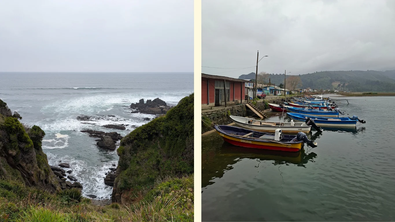 En la imatge s’hi veuen dues fotografies. En la de l’esquerra, un penya-segat s’obre per donar pas al mar. El gris del cel es troba en l’horitzó amb un mar molt calmat i de colors més apagats. A la de la dreta, diverses llanxes de diferents colors estan atracades en un petit port.