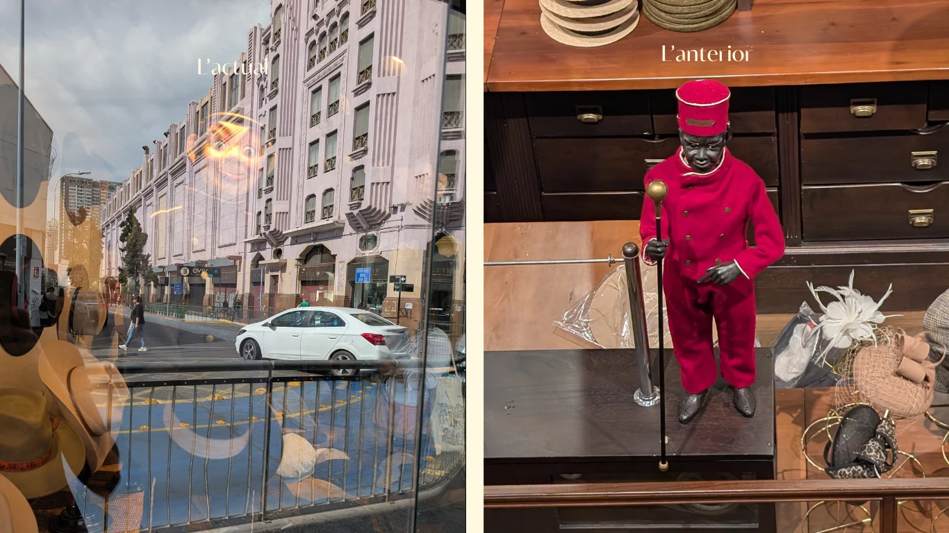 Collage de dues fotografies que comparen les versions del ninot de la barreteria 'Donde golpea el monito' a Santiago de Xile. A la imatge de l'esquerra, amb el text 'L'actual', es veu el reflex en un aparador d'una figura de pell clara; al fons s'aprecia un carrer urbà amb un edifici d'estil art déco. A la imatge de la dreta, amb el text 'L'anterior', es mostra una figura de pell fosca vestida amb un uniforme vermell i un bastó, situada a l'interior de la botiga envoltat de barrets i mobles de fusta.