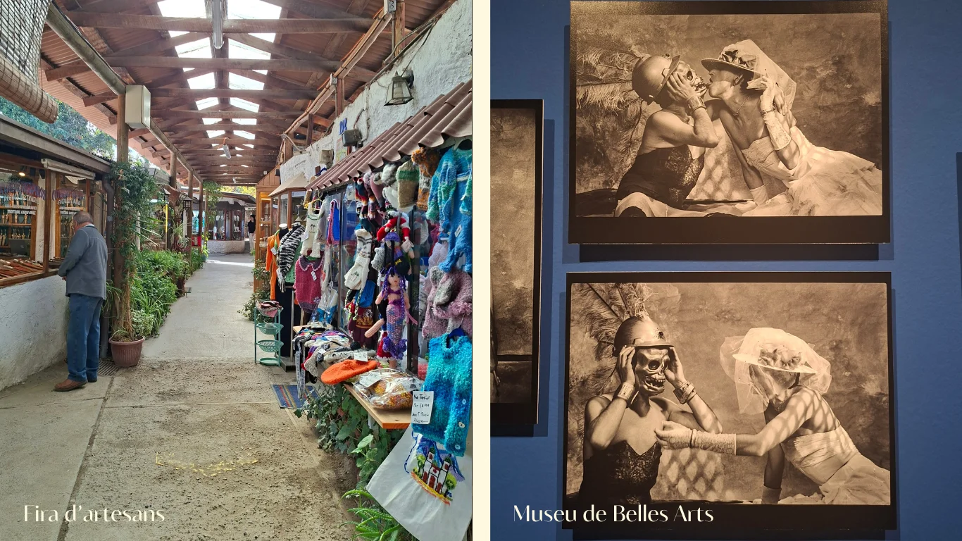 Collage de dues fotografies a Santiago de Xile. A la imatge de l'esquerra, titulada 'Fira d'artesans', es veu un passadís estret a la fira de Los Dominicos amb sostre de bigues de fusta; a la banda dreta hi ha exposades nombroses peces de roba i nines teixides de colors vius, mentre un home observa una parada a l'esquerra. A la imatge de la dreta, titulada 'Museu de Belles Arts', es mostren dues fotografies en blanc i negre penjades sobre una paret de color blau fosc; les obres mostren figures amb vestits i una màscara de calavera en diferents posicions artístiques.