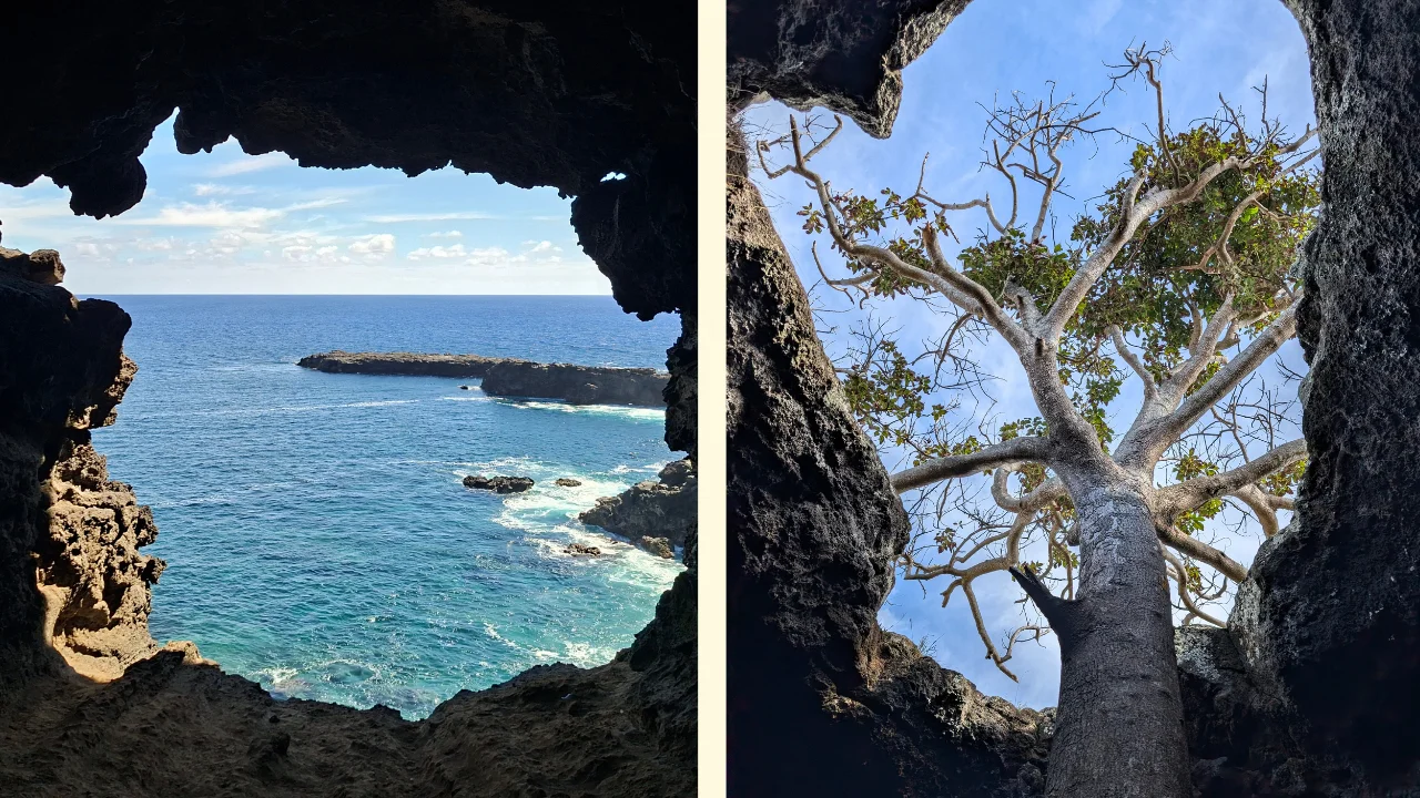 Dues fotografies juxtaposades de coves volcàniques a Rapa Nui. A l'esquerra, la vista des de l'interior fosc d'una cova (Ana Kakenga) a través d'una obertura o