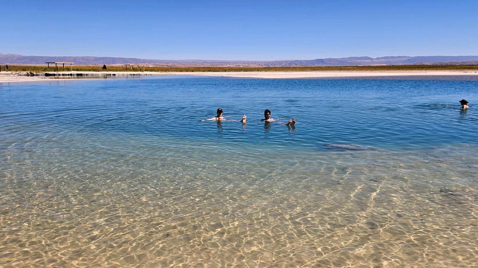 Una parella flotant plàcidament boca amunt a les aigües de color turquesa i blau de la Laguna Piedra. El primer pla mostra l'aigua transparent i cristal·lina on es reflecteix el sol, mentre que al fons s'observa la vora blanca de sal del salar, muntanyes a l'horitzó i un cel completament clar.