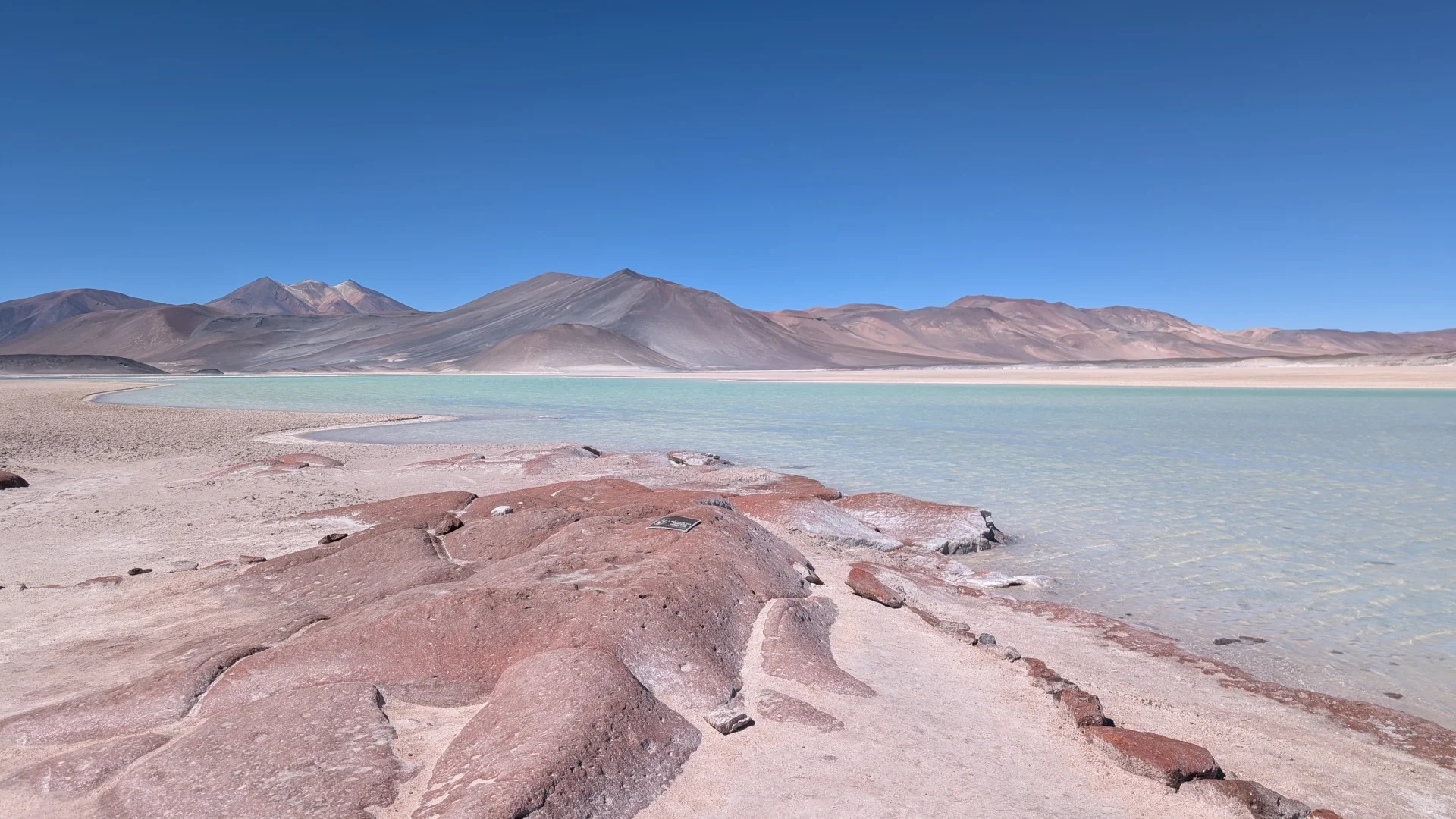 Vista panoràmica de Piedras Rojas al desert d'Atacama, on grans formacions rocoses planes i d'un color marró vermellós característic voregen una llacuna d'aigua de color turquesa pàl·lid. Al fons, es veu una cadena de muntanyes volcàniques amb estrats de colors variats sota un cel blau intens i clar. Una petita placa identificativa és visible sobre una de les roques vermelles del primer pla.