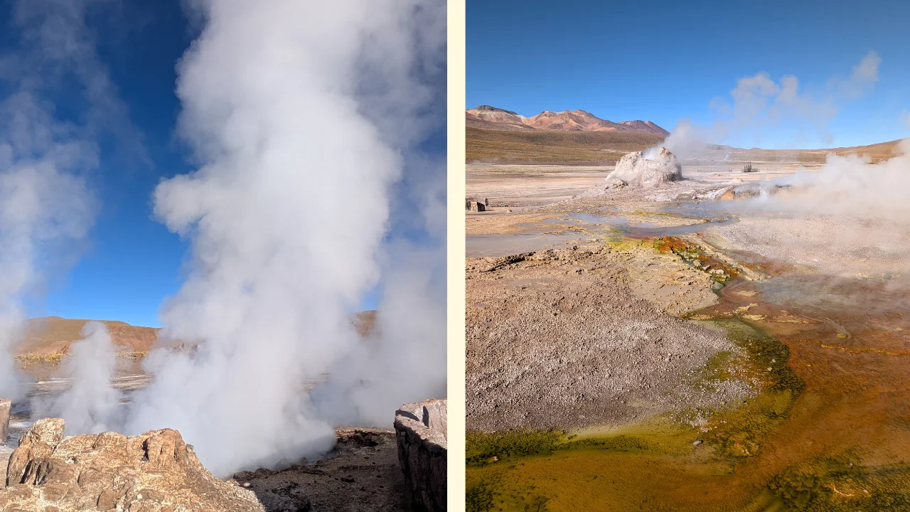 Composició de dues fotografies dels Guèisers del Tatio. A l'esquerra, una densa i gran columna de vapor blanc s'eleva directament des de les roques cap a un cel blau intens. A la dreta, una vista més àmplia del camp geotèrmic que mostra una formació rocosa cònica brollant vapor i un terra ple de dipòsits minerals amb cridaners colors verds, grocs i ocres creats per l'aigua, amb muntanyes àrides sota el cel clar al fons.