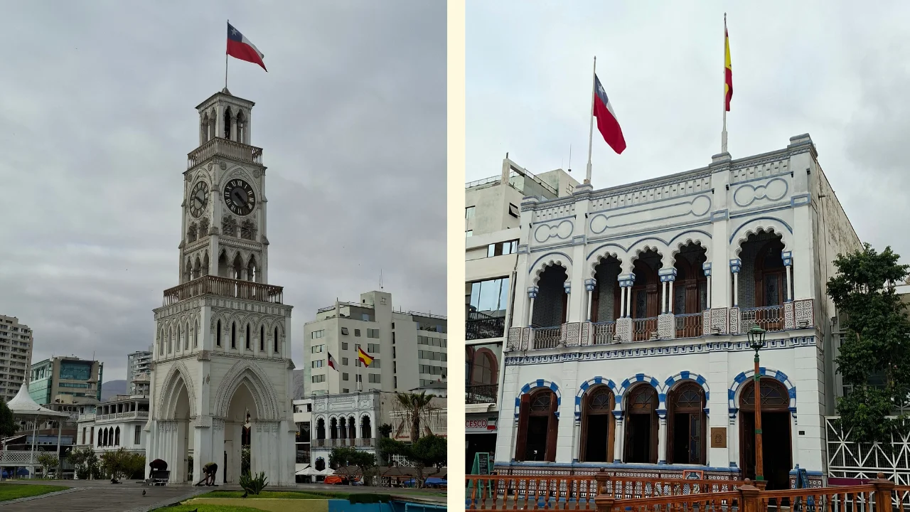 Composició de dues fotografies de l'arquitectura històrica del centre d'Iquique sota un cel ennuvolat. A l'esquerra, es mostra una alta torre de rellotge de color blanc amb detalls ornamentals i arcs apuntats, coronada per la bandera de Xile. A la dreta, es veu la façana d'un edifici històric de dues plantes blanc i blau, amb finestres i lògies de disseny morisc al pis superior, acabats de fusta a la base i dues banderes que ranegen al terrat.