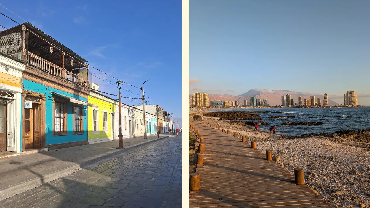 Composició de dues fotografies de la ciutat d'Iquique. A l'esquerra, un carrer de vianants empedrat amb cases històriques de façanes pintades de colors vius com el turquesa i el groc, on destaca un balcó de fusta al pis superior i fanals d'estil clàssic. A la dreta, un llarg passeig de taulons de fusta que voreja una platja de roques i còdols davant el mar, amb el perfil de gratacels moderns de la ciutat i les grans muntanyes del desert al fons sota la llum suau del capvespre.