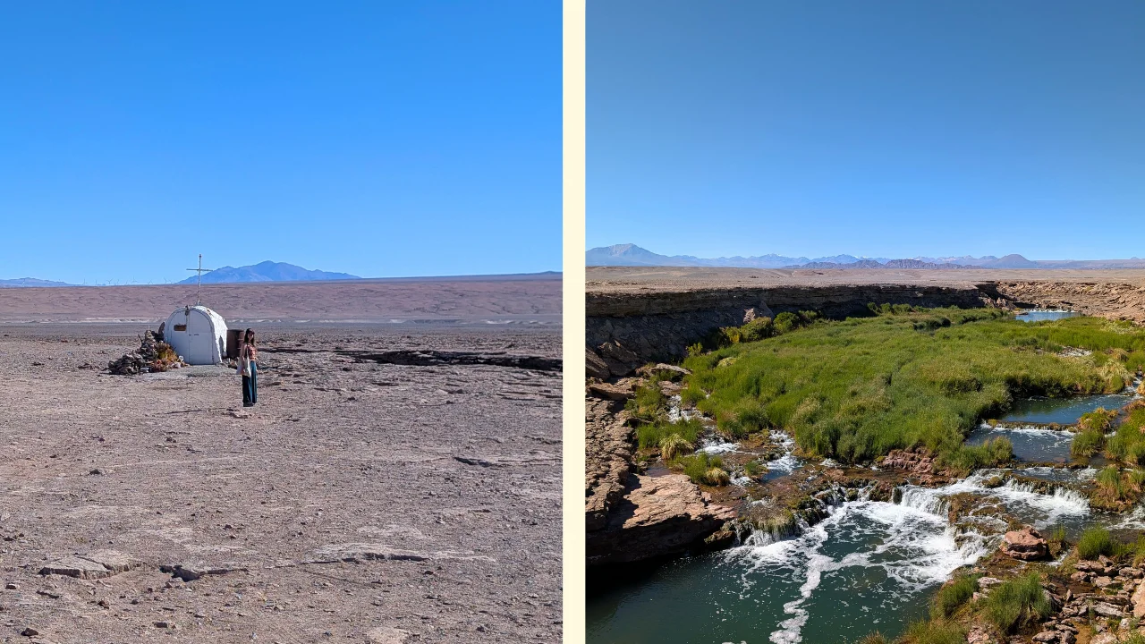 Composició de dues fotografies de l'entorn de Chiu Chiu i el Puente del Diablo. A l'esquerra, es veu una dona dempeus enmig d'una vasta esplanada desèrtica de terra clivellada, al costat d'una petita construcció blanca arrodonida amb una creu a sobre. A la dreta, es mostra un profund engorjat on el riu Loa forma petits salts d'aigua enmig d'una zona molt verda i plena de vegetació que contrasta fortament amb l'aridesa del paisatge rocós i les muntanyes llunyanes sota un cel blau clar.