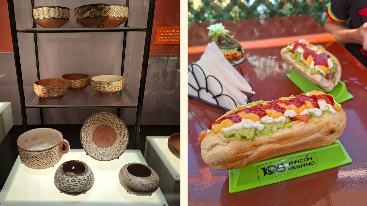 Una composició d'imatges que mostra terrisseria precolombina de la cultura diaguita en una vitrina de museu a l'esquerra, i a la dreta un primer pla de dos