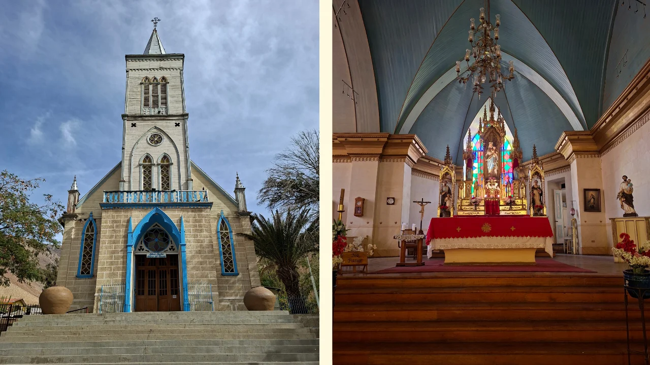 Una composició d'imatges que mostra l'exterior i l'interior de l'església de Nuestra Señora del Rosario a Pisco Elqui. L'exterior presenta una façana de pedra i fusta amb finestres blaves, i l'interior mostra un altar ornamentat i colorit sota un sostre de fusta.