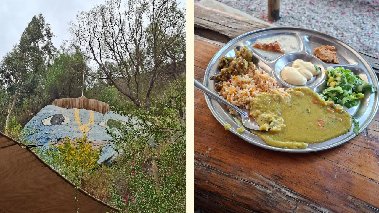 Una composició d'imatges que mostra, a l'esquerra, una gran roca pintada amb la cara d'una deïtat hindú a la comunitat Hare Krishna, i a la dreta, una safata de metall amb un dinar vegetarià que inclou dal, arròs, amanida i salses sobre una taula de fusta.