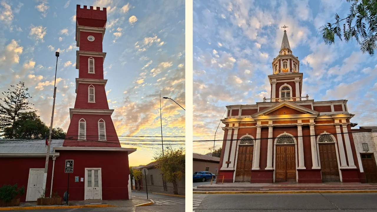 Una composició d'imatges de la ciutat de Vicuña: a l'esquerra la seva característica torre de rellotge vermella (Torre Bauer) i a la dreta l'església de la Inmaculada Concepción amb la façana neoclàssica, totes dues sota un cel de capvespre amb núvols.