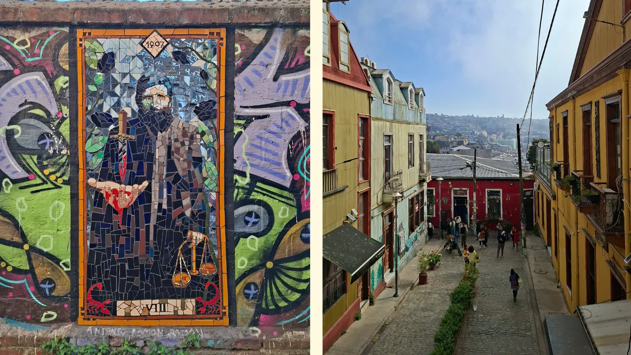 Una composició d'imatges de Valparaíso: a l'esquerra, un mosaic vertical en una paret que mostra una figura barbuda sostenint una balança i una espasa; a la dreta, una vista de dalt a baix d'un carreró estret de llambordes flanquejat per edificis alts de colors groc i verd on es veu gent passejant.
