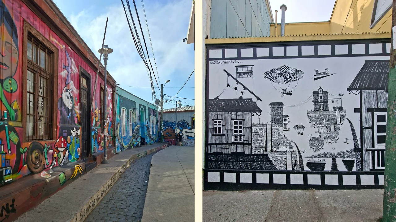 Una composició d'imatges que mostra l'art urbà de Valparaíso: a l'esquerra, un carreró estret amb façanes pintades de colors molt vius i grafits d'un gat i un cargol; a la dreta, un mural en blanc i negre que simula un rotlle de pel·lícula amb il·lustracions fantàstiques de cases sobre palafits i artefactes voladors.